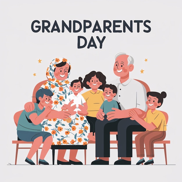 Grandmother and father flat illustration with grandchildren for grandparents day