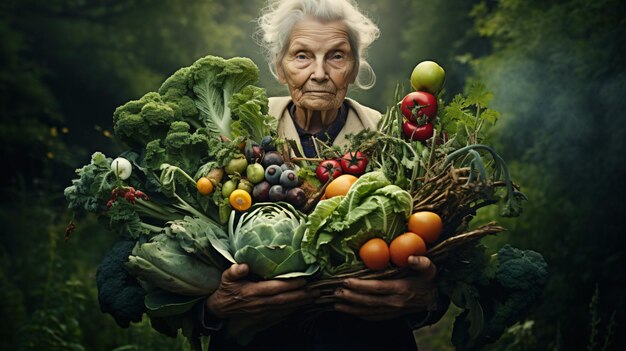 Grandmother in the garden with vegetables