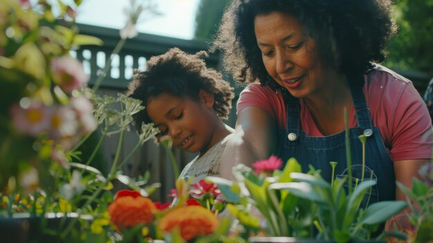 Grandmother and grandchild planting flowers together sharing a moment of growth and learning