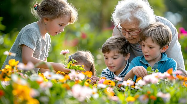 Grandmother and Grandchildren Enjoying Summer Blooms in the Garden