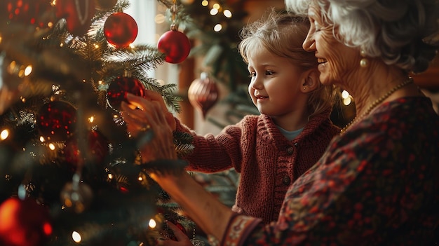 Grandmother and Granddaughter Decorating Christmas Tree with Ornaments and Lights