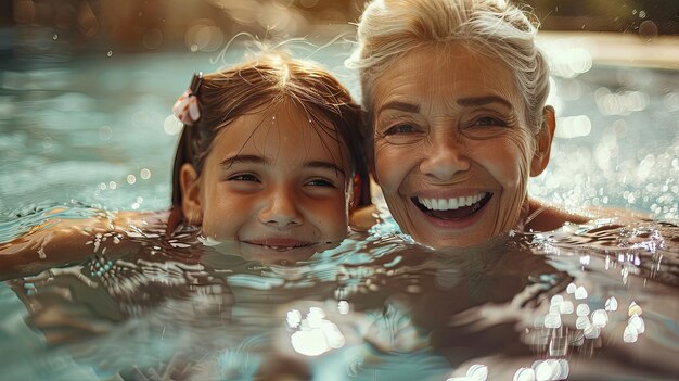 Grandmother and granddaughter enjoying the pool