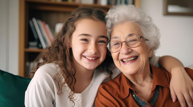 A grandmother and granddaughter sit together and smile for the camera.