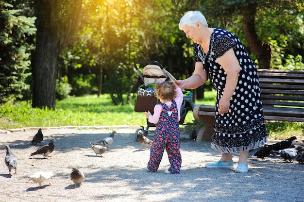 Grandmother and granddaughter walk in the park