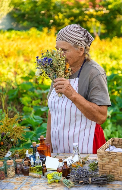 Grandmother makes tinctures from medicinal herbs Selective focus