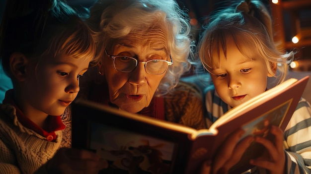 Photo grandmother reading to her grandchildren