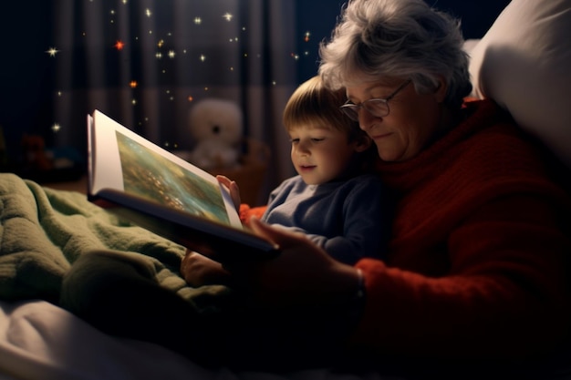 Photo grandmother reading story book for grandson on bed at home