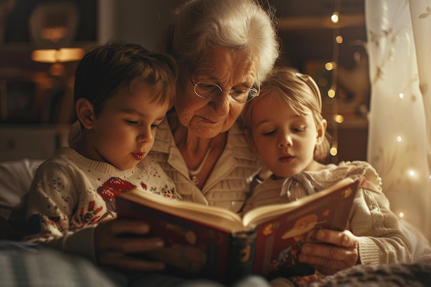 Photo a grandmother reads a book to her grandchildren engaging them in a bedtime story a grandmother reading a bedtime story to her grandchildren