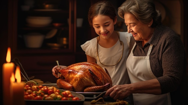 Grandmother teaches her grandchildren how to cook a Thanksgiving turkey