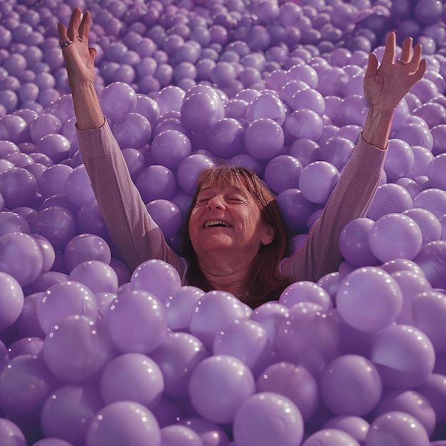 A grandmother with brown hair and brown beard lying in an enormous ball pit filled to the top of he