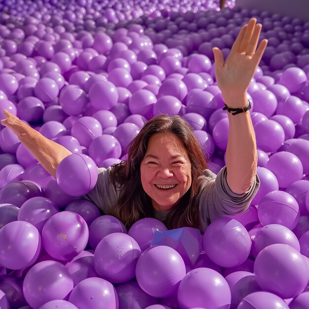 A grandmother with brown hair and brown beard lying in an enormous ball pit filled to the top of he