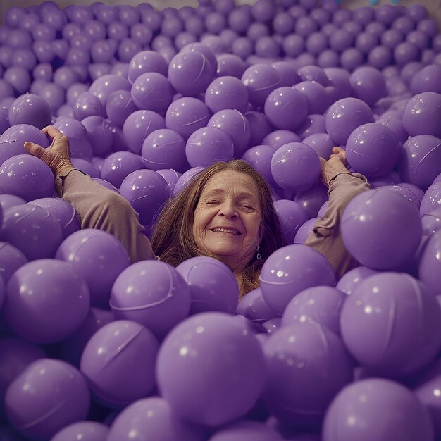 A grandmother with brown hair and brown beard lying in an enormous ball pit filled to the top of he