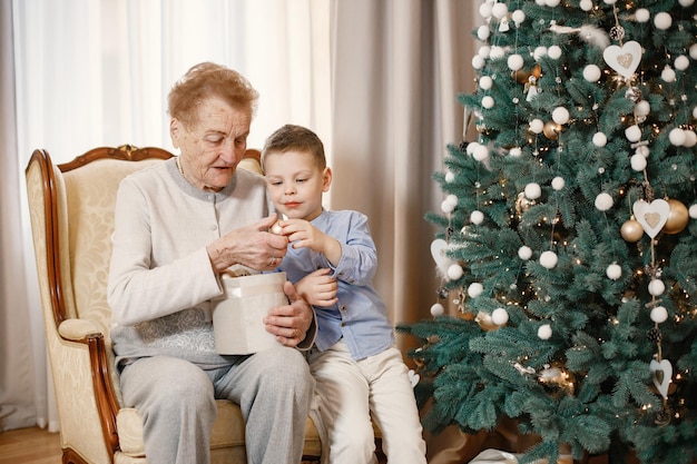 Grandmother with her grandson on Christmas day. Old woman and little boy decorating Christmas tree. Woman and boy wearing beige and blue clothes.