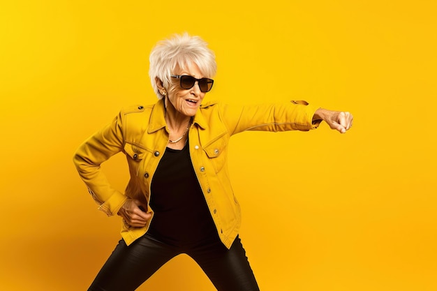 Grandmother with sunglasses doing poses on a studio with yellow background