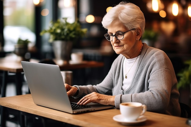 Grandmother woman working on laptop computer in cafe at table