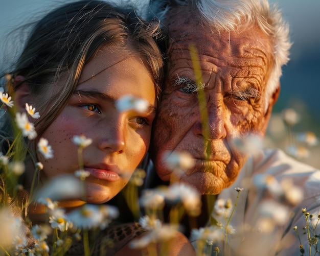 Photo grandparent and grandchild embrace in nature a touching portrait of family unity and love captured