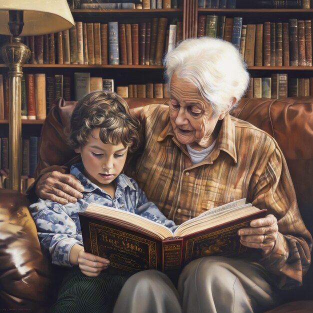 Photo a grandparent and grandchild lost in the adventure of a book surrounded by a library