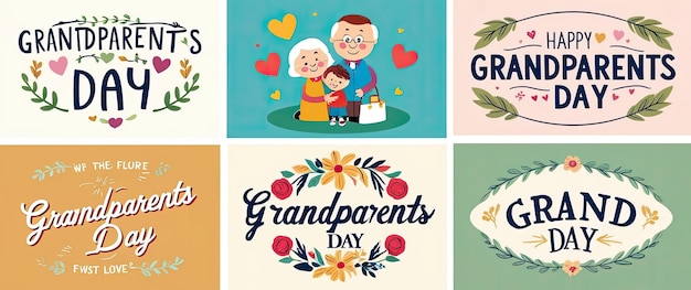 Photo grandparents day lettering different hand drawn colorful inscriptions with curly fonts and decor elements