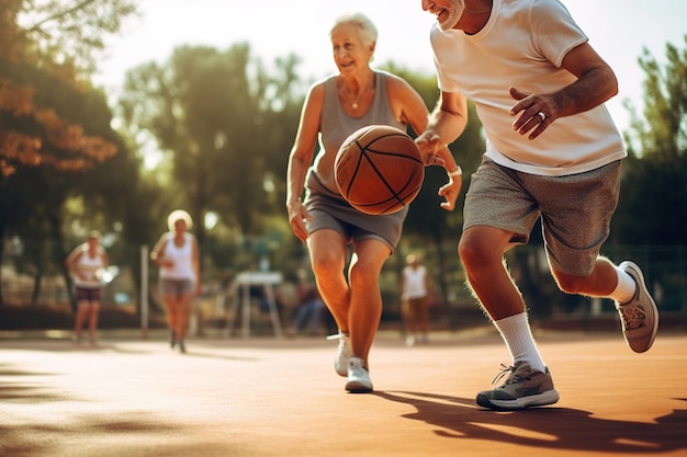 Grandparents enjoying game of basketball on the basketball court showcasing their active