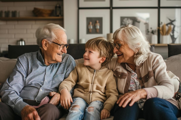 Photo grandparents and grandchildren in casual wear with a light beige background perfect for family lifestyle background