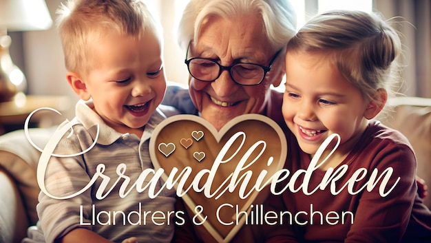 Photo grandparents and grandchildren hearts with love text concept as an abstract vector featuring two int