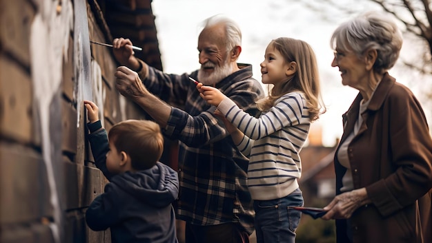 Photo grandparents and grandchildren painting a mural concept as a candid shot of grandparents and grandch