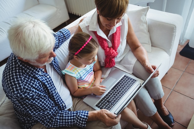 Grandparents and granddaughter using laptop in living room