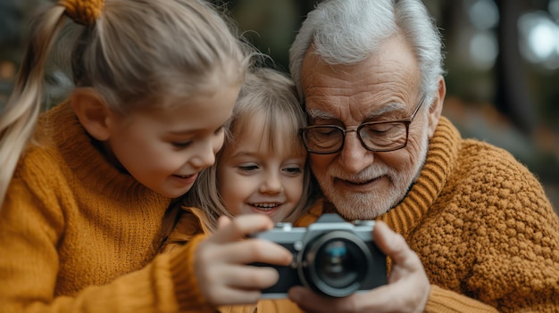 Photo grandparents show their grandchildren how to use a vintage camera while learning about modern equipment that combines past and present experiences