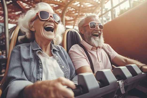 Grandparents together riding on roller coaster in amusement park created with Generative AI