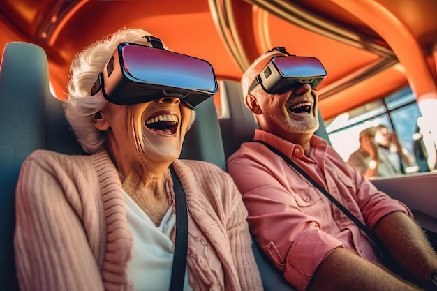 Grandparents wearing virtual reality glasses for gaming entertainment created with Generative AI