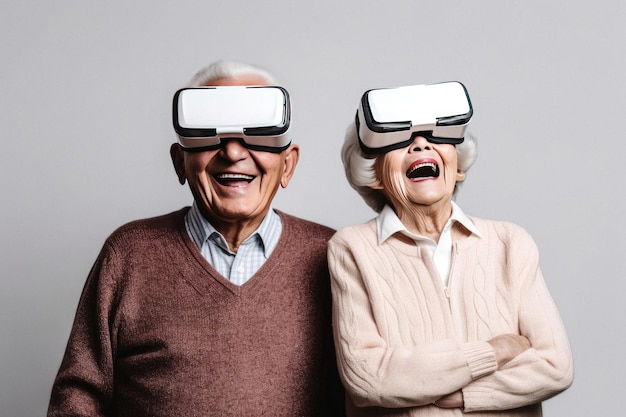 Grandparents wearing virtual reality glasses for gaming entertainment created with Generative AI