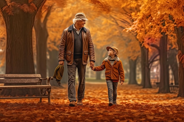 Grandson and grandfather walking hand in hand in a square in autumn Generative AI