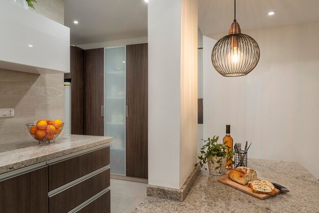 Granite countertop and cupboard in home kitchen