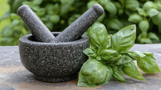 Photo granite mortar and pestle with fresh basil