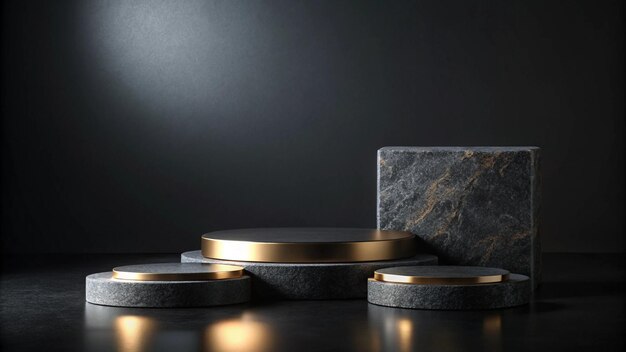 Photo granite stones for the podium black natural stones with texture on a dark background for a minimalist podium for the presentation of a product cosmetics medicine perfumery