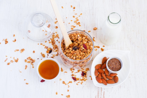 Granola, almonds, milk and honey