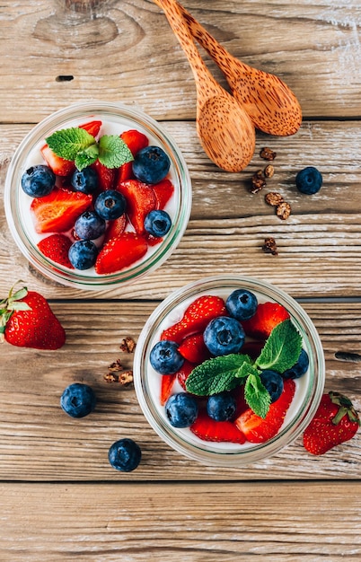 Granola parfait with yogurt chocolate granola fresh berries and mint leaves