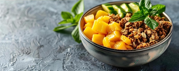 Granola and Tropical Fruits in a Bowl from Above Concept Food Photography Granola Bowl Tropical Fruits From Above Angle