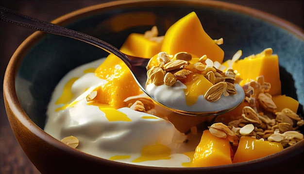 Granola with greek yogurt and mango in bowl Healthy eating concept Closeup view