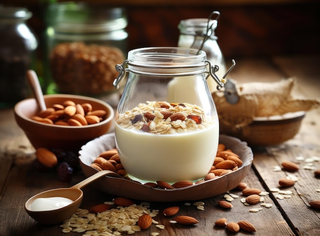 Granola with milk for breakfast