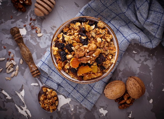 Granola with nuts and dried fruit. 