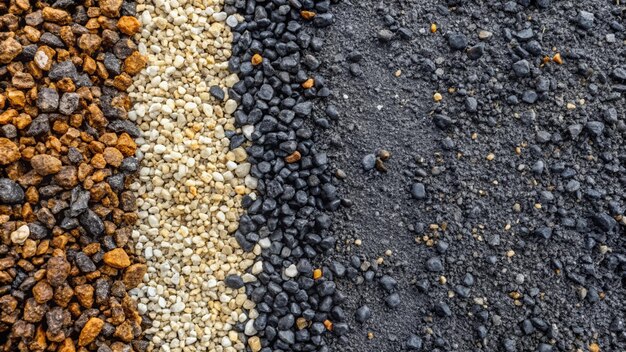 Granular soil texture with gravel particles small stones black gray and white grains Closeup top view Gray asphalt pattern Bitumen road texture