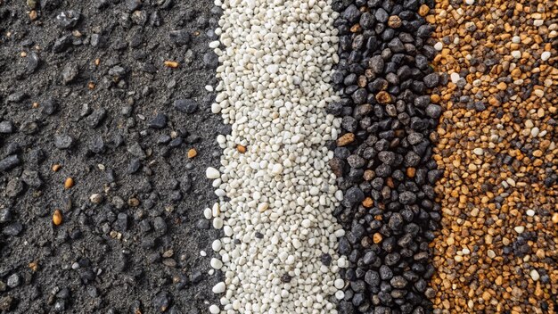 Granular soil texture with gravel particles small stones black gray and white grains Closeup top view Gray asphalt pattern Bitumen road texture