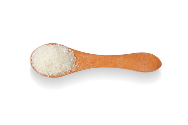 Granulated sugar with a wooden spoon on a white background