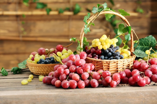 Grape in basket on wooden table