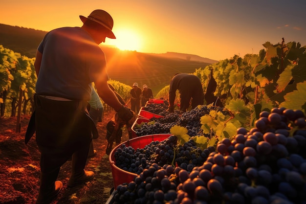 Grape Harvest At Sunrise Vineyard Workers Collecting Grapes Generative AI