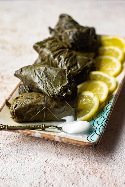 Grape leaves with meat dolma Closeup photography