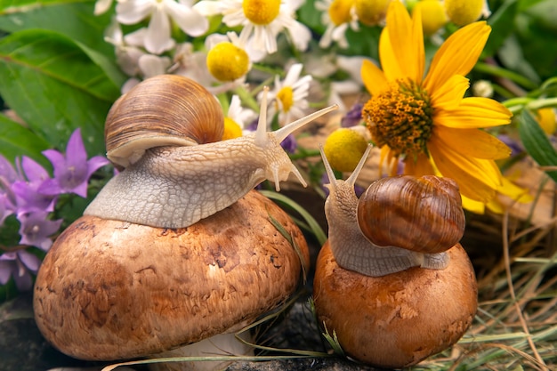 grape snails sit on mushrooms in nature. mollusc and invertebrate.