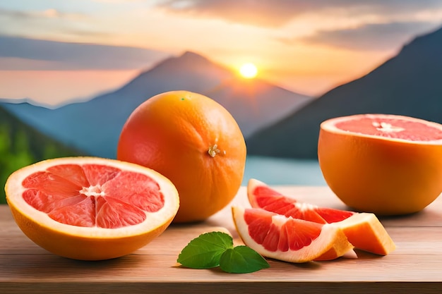 Grapefruit and grapefruit on a table with mountains in the background