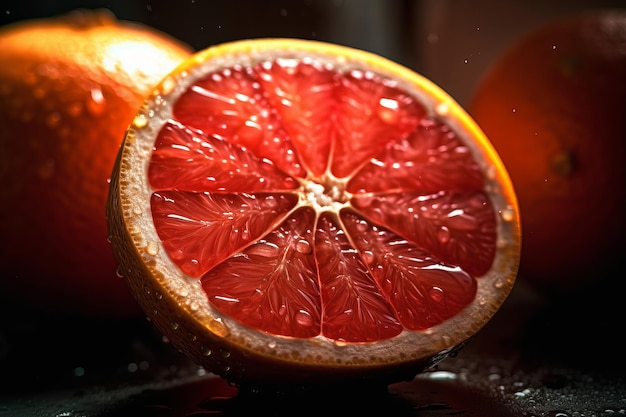 A grapefruit is cut in half and is surrounded by other fruits